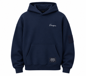 <b>Men's</b> Oversized Hooded Sweatshirt Solid <b>Navy</b> Blue French Terry Casual Fit Left Sleeve Logo Pocket Design Autumn Wear - Product Image 1