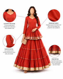 Robe longue plissée en coton rouge, style Salwar Kameez Anarkali, à manches longues, avec bordure en dentelle Gota Patti, tenue ethnique pour mariage d'hiver, Diwali et fêtes - Product Image 1