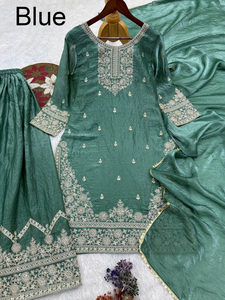 Ensemble 3 pièces traditionnel indien Sharara Gharara brodé, en soie Georgette, coupe ajustée, pour femme, idéal pour les fêtes d'hiver - Product Image 3
