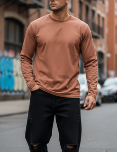 T-shirt à manches longues en tricot pour homme, col rond côtelé, vente en gros directe d'usine, logo personnalisé OEM, multicolore, haute qualité, 100% coton - Product Image 5