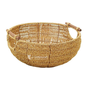 ชามหวายทรงกลมวินเทจพร้อมหูจับไม้คู่ ถาดเสิร์ฟแบบตาข่ายสานธรรมชาติรักษ์โลกสำหรับขนมปังและของว่าง - Product Image 1