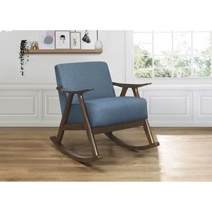 Fauteuil à bascule moderne en tissu bleu, finition bois noyer foncé, assise et dossier rembourrés pour la maison, pour le salon - Product Image 5