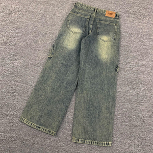 Pantalon cargo en denim délavé à taille haute pour homme, coupe ample, style décontracté avec grandes poches, idéal pour l'automne - Product Image 6