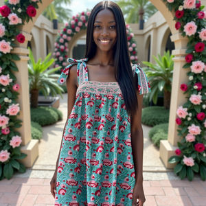 Robe longue d'été légère sans manches pour femmes avec bretelles réglables à encolure carrée bleu vert Floral ethnique - Product Image 5