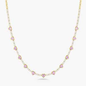 Colliers tennis en diamant 3 carats, saphir rose et moissanite en forme de cœur sertis clos, 16 pouces, luxe classique, à superposer, fermoir mousqueton, or massif 14K - Product Image 1