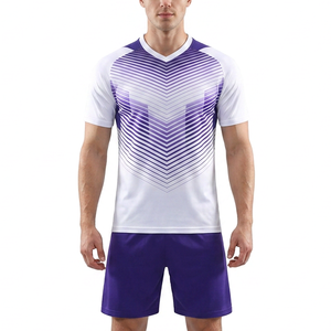 Maillot de football personnalisé sublimé blanc et violet à col en V, short, tenue de sport d'équipe, fabricant de chaussures de sport - Product Image 1