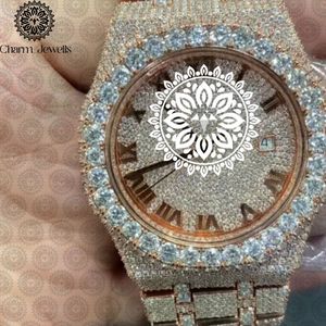 Charm Jewells Montre de luxe pour femme en acier inoxydable, boîtier rond de 40 mm, lunette sertie de diamants, quartz analogique, fermoir pliant - Product Image 3