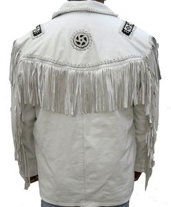 เสื้อโค้ทหนังสีขาวแต่งพู่ชายเสื้อสำหรับผู้ชาย แจ็คเก็ตพู่ประดับตกแต่งสไตล์ตะวันตก เหมาะสำหรับงานเทศกาล แฟชั่นคันทรี่ ประดับลูกปัด หนังวัวแท้ - Product Image 4