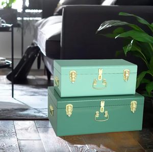 Vintage Style Decorative Trunk Set Emerald and Mint Green Metal <b>Keepsake</b> <b>Boxes</b> with Polished Gold Latches for Bedroom Storage - Product Image 5