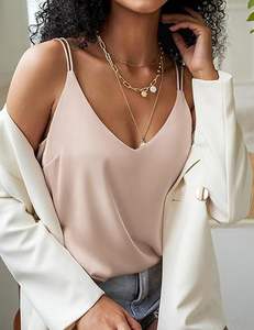 เสื้อกล้ามสายเดี่ยวผ้าซาตินไหมสำหรับผู้หญิง สไตล์ลำลองฤดูร้อน คอวี เซ็กซี่ สายไขว้หลัง - Product Image 2