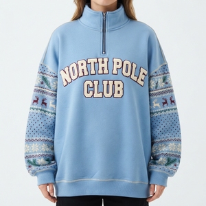 Christmas Pullover Quarter Zip <b>Sweatshirt</b> <b>Cute</b> Festive Patterned Trim Cozy Holiday Winter Wear - Product Image 5
