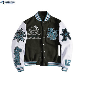 Men's Varsity Jacket Navy Cream Sleeve Letter Embroidery Preppy Style Autumn Wear Polyester Cotton Material - Product Image 2