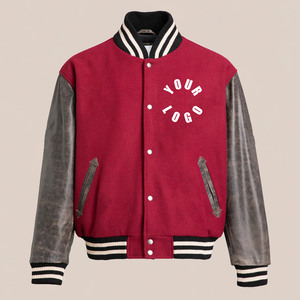 Men's Maroon Varsity <b>Jacket</b> With PU Sleeves Turn-down Collar Casual Autumn Wear Front Logo <b>Heat</b>-Transfer Printing - Product Image 1
