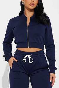 Ensemble de survêtement d'hiver pour femme, bleu marine imprimé, veste zippée à manches longues, pantalon large, sweat à capuche uni avec rayures blanches - Product Image 5