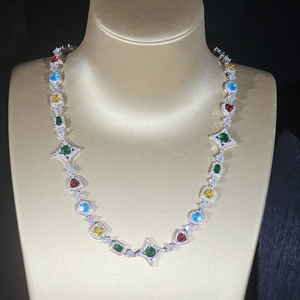 Moissanite Multicolor Gemstone <b>Necklace</b> Iced Out <b>Tennis</b> Chain Colorful Pendant Luxury Statement Jewelry Gift For Women - Product Image 1