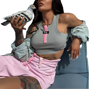 Women's Gray Ribbed <b>Knit</b> <b>Tank</b> <b>Top</b> Crew Neck Y2K Streetwear Breathable Sleeveless <b>Top</b> with Pink Ribbon - Product Image 5