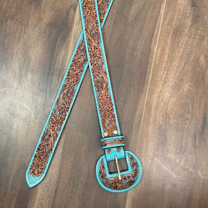 Ceinture à boucles arrondies larges en cuir usiné à la main en gros d'usine pour les ceintures occidentales en relief floral turquoise confortable pour femmes - Product Image 5