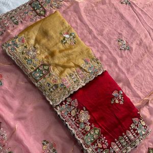 Sari en soie premium avec broderie Butta, bordure ajourée et travail Zarkan, idéal pour les mariages - Product Image 2
