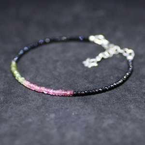 Natural Black Spinel Watermelon Tourmaline Bracelet Sterling Silver October Birthstone Gemstone Jewelry Gift - Product Image 1