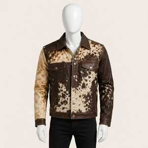 Veste de motard en cuir véritable pour homme, motif vachette, col rabattu, fermeture boutonnée, coupe classique, automne, décontractée - Product Image 1
