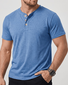Men's Short Sleeve Henley T-Shirt Solid Color Knitted Cotton Casual Regular Fit Breathable V-neck Maroon Jersey Button-<b>Up</b> 180g - Product Image 1