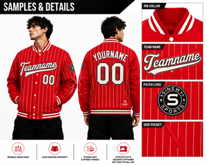 เสื้อแจ็คเก็ตวาร์ซิตี้ลายทางสีแดงสำหรับผู้ชาย SINEWY SPORTS ปักชื่อ หมายเลข และโลโก้ทีมได้ตามต้องการ แขนซ้าย ดีไซน์สปอร์ต ระบายอากาศได้ดี เหมาะสำหรับฤดูใบไม้ร่วง - Product Image 6
