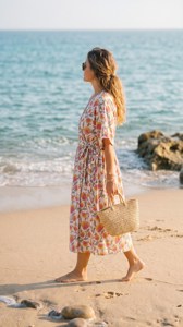Boho Yellow Floral Handprint Kaftan Dress With <b>Tie</b> <b>Back</b> Loose Fit Short Sleeve Cotton Beach Cover-Up - Product Image 3