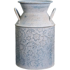 Jarrón de metal blanco antiguo hecho a mano, jarra floral decorativa grande con asa, cubo de hierro para uso decorativo en jardines interiores - Product Image 4