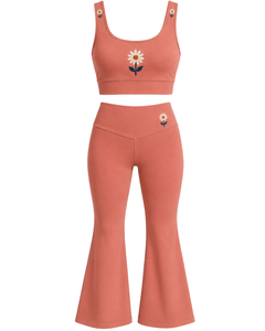 Manufacturer Custom Dusty Coral Women <b>Flared</b> Yoga Set Embroidered Sports Bra And High Waist Bell Bottom <b>Leggings</b> Fitness Wear - Product Image 1