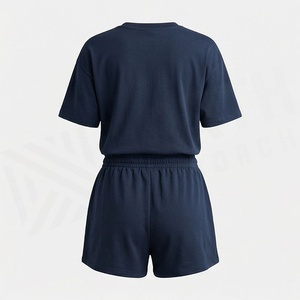 Ensemble 2 pièces décontracté pour femme en coton bleu marine, col rond, manches courtes, coupe ample, couleur unie, printemps-été, au-dessus du genou - Product Image 2