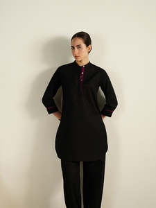 Black V-Neck Midi <b>Dress</b> With Floral Embroidery Three Quarter Sleeve <b>Loose</b> Fit Casual Daily Wear 100% Cotton Woven Fabric - Product Image 2