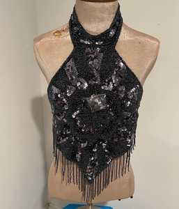 COTTON COUTURE <b>Women's</b> <b>Black</b> Beaded Halter <b>Top</b> Sequined Fringe <b>Crop</b> Camisole Sleeveless Scoop Neck Satin Clubwear - Product Image 3