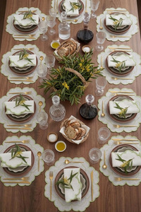 Custom Washable Reuse Luxury Embroidery Double Green Scallop Border <b>Placemats</b> Napkins Sets 100% Linen Mats Home Wedding Events - Product Image 3