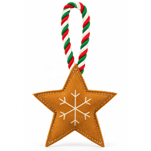 Jouet à mâcher pour chien en suède étoile de Noël, étoile en feutre marron avec motif flocon de neige et poignée en corde rouge, verte et blanche pour le jeu festif des animaux de compagnie - Product Image 1