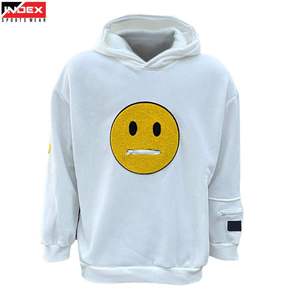เสื้อฮู้ดผู้ชายสีขาวทรงโอเวอร์ไซส์ ลายการ์ตูนหน้ายิ้ม แต่งแอพพลิเค่ สวมใส่สบายๆ สำหรับฤดูใบไม้ร่วง ผลิตจากผ้าฝ้าย 100% เฟรนช์เทอร์รี่ - Product Image 1