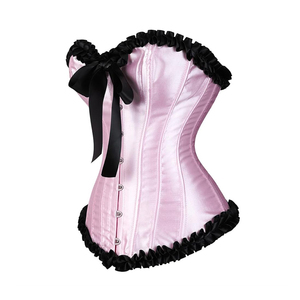 Corset bustier en satin rose premium pour femme avec bordure à volants noirs, détail nœud et fermeture à agrafes – Top sculptant tendance - Product Image 2
