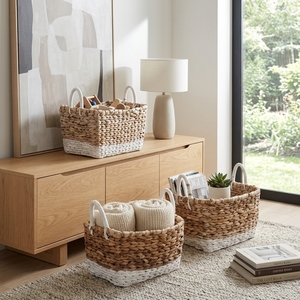Natural Water Hyacinth <b>Storage</b> <b>Basket</b> Set White Bottom Dip <b>Rectangular</b> Shelf <b>Storage</b> Organizer Box Setup Decor Pure Art Design - Product Image 5