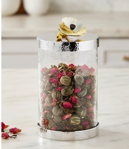 Récipient alimentaire rond moderne en métal avec corps en verre et couvercle, finition polie, décor floral doré, pot de rangement pour la cuisine - Product Image 5