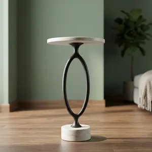 Modern White <b>Marble</b> <b>Top</b> <b>Side</b> <b>Table</b> with Black Metal Sculptural Pedestal Base Contemporary Accent Furniture for Home Decor - Product Image 3