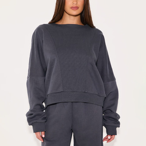 Women's Dark Gray <b>O</b>-Neck Knitted Sweatshirt Full Sleeve Casual Short Length Solid Color Breathable Cotton Fabric Autumn Wear - Product Image 5