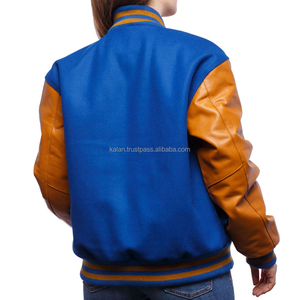 Blue Varsity <b>Jacket</b> With Orange <b>Real</b> <b>Leather</b> Sleeves Button Closure Unisex Casual Winter College <b>Jacket</b> Custom Logo - Product Image 2