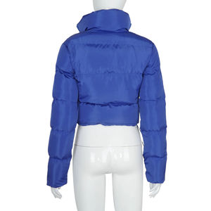 Blue Quilted Crop Puffer Jacket Women's Short Zipper Stand Collar Full Sleeve <b>Winter</b> <b>Coat</b> Solid Color <b>Thick</b> Polyester Wadding - Product Image 2