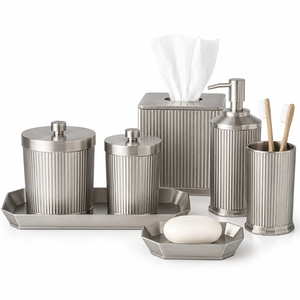 ชุดอุปกรณ์ห้องน้ำนิกเกิลขัดเงา 6 ชิ้น สไตล์โมเดิร์น ผลิตจากสแตนเลสสตีลลายร่อง สำหรับโรงแรมและบ้าน ขายส่ง - Product Image 1
