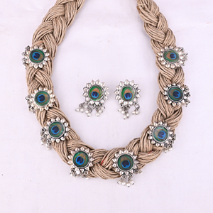Boho Braided Jute Pearl <b>Statement</b> <b>Necklace</b> & Earrings Set - Product Image 1