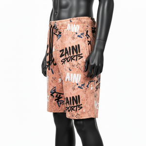 กางเกงขาสั้นผ้าฝ้ายฟลีซพรีเมียม 280 GSM ล้างสีแบบแอซิดวอช สีพีชรัสต์ พิมพ์ลายกราฟฟิตีทั้งตัว พร้อมโลโก้สกรีนแบบกำหนดเอง - Product Image 3