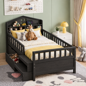 White Solid Wood Kids <b>Bed</b> With Guardrails <b>Toddler</b> Daybed Padded Headboard Storage Drawer and Stair <b>Bed</b> <b>Frame</b> - Product Image 3