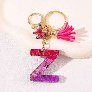 Llavero de resina rojo-morado con purpurina, letra y dije de mariposa, borla, llavero personalizado, bonito colgante para bolso para mujeres y niñas - Product Image 5