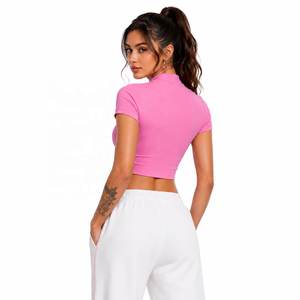 Women's Half Zip Crop Top Short Sleeve Slim Fit <b>Stretch</b> Active Casual Fashion Shirt Soft Fabric Custom Logo Tee women's shirt - Product Image 2