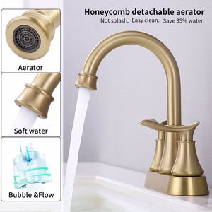 Rubinetto da Bagno Oro Spazzolato da 4 Pollici con 2 Maniglie, Miscelatore e Scarico Pop-up, Rubinetteria per Lavabo con Tubi di Alimentazione - Product Image 2