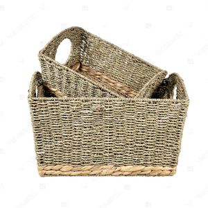 SWIRLED BELT Two-Tone <b>Rectangular</b> Seagrass Storage <b>Basket</b> with Chunky Hyacinth Base Belt Home Decoration Shelf Organizer - Product Image 3